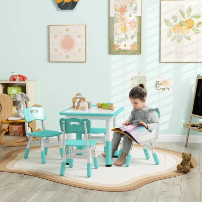 AIYAPLAY Set Mesa y Sillas para Niños 5 pz con 4 Sillas Ajustables 32x36x52.5-56 cm y Mesa 60x60x46-58 cm, Verde