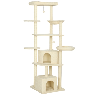 PawHut Árbol para Gatos Alto 200 cm Multinivel con 2 Casitas, 2 Camas y Hamaca, Estructura para 2-3 Gatos, Beige