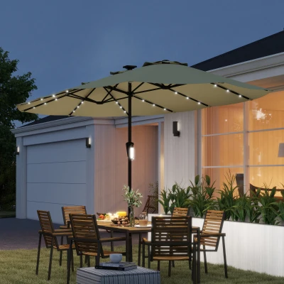 Outsunny Umbrelă dublă de grădină 4x2 m cu 36 de lumini LED UPF50+ Manivelă 12 tije Rezistentă la apă Bej