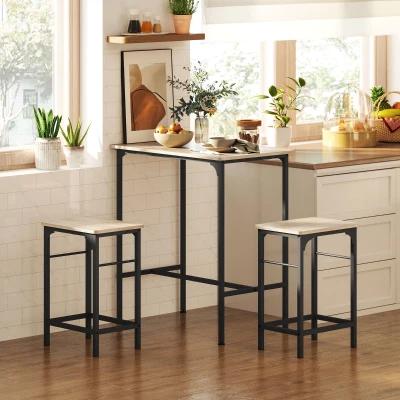 HOMCOM Mobiliario de bar 3 piezas con mesa de cocina y 2 taburetes de bar en madera y acero, color madera y negro