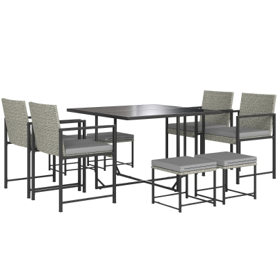 Outsunny Salón de jardín exterior de resina trenzada para 8 personas con cojines y tablero de vidrio templado, gris