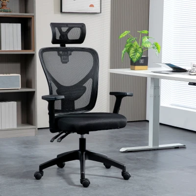 Vinsetto Silla de Oficina Ergonómica con Altura Regulable, Soporte Lumbar y Reposacabezas, 66x61x106-116cm Negro