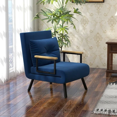 HOMCOM Sillón cama 3 en 1 con respaldo reclinable y cojín, en tejido efecto terciopelo, 63x73x81 cm, Azul