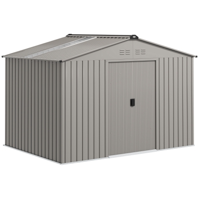 Outsunny Garden Storage Shed, Metal Outdoor Storage Shed House with Foundation Kit, Ventilation, Doors, 9 x 6FT, Grey