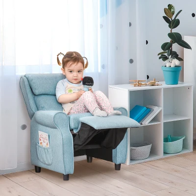 HOMCOM sofá infantil con reposapiés y reposabrazos, respaldo ajustable, sillón relax, sofá-cama infantil, silla para niños de 3-5 años, azul