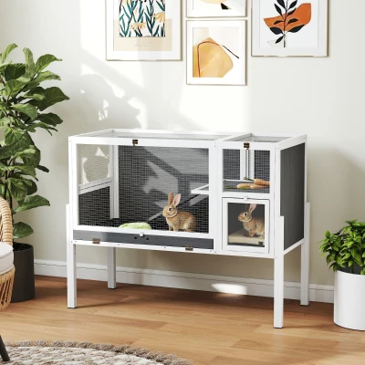 PawHut Jaula para Conejos y Hámsters de Interior Elevada con Bandeja Extraíble y Techo Abatible, Gris