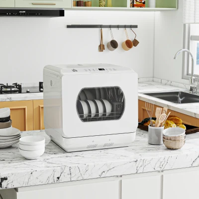 HOMCOM Mini lavavajillas 4 cubiertos 5 programas depósito de agua 6 L mando táctil pantalla LED 45 x 44 x 45,8 cm blanco