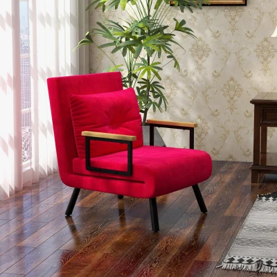 HOMCOM Sillón Cama 3 en 1 con Respaldo Reclinable y Cojín, en Tejido Efecto Terciopelo, 63x73x81 cm, Rojo