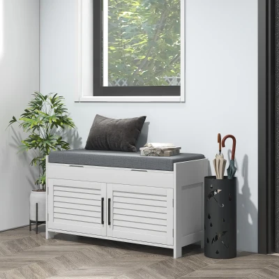 HOMCOM Banco Zapatero con Estante Interior Regulable en 3 Niveles, en MDF y Simil Lino, 90x36x50 cm, Blanco y Gris