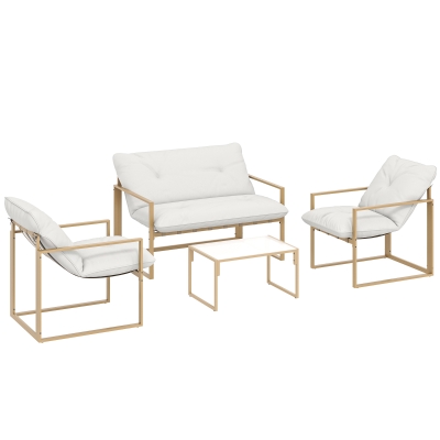 Outsunny Conjunto de Mobiliário de Jardim 4 Peças Conjunto com Mesa em Vidro Temperado Sofá 2 Poltronas Branco