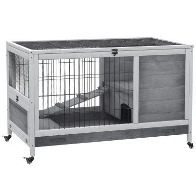 PawHut Jaula para Conejos de Madera 90x53x59 cm Conejera para Mascotas Pequeñas Portátil Interior con Techo Abrible Rampa Bandeja Extraíble para Conejillos de Indias Gris Claro y Blanco