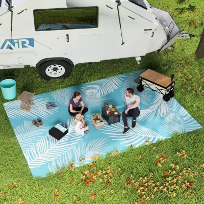 Outsunny Buitenkleed omkeerbaar robuust weerbestendig met draagtas en grondverankering 274 x 182 cm Lichtblauw+Wit