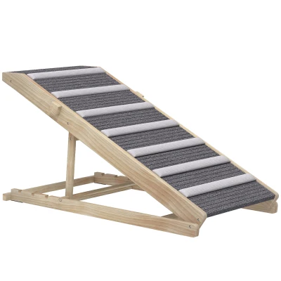 PawHut Rampa Dobrável para Cães com Altura Ajustável 35-50 cm e Tapete Antiderrapante 100x50x50 cm Madeira e Cinza