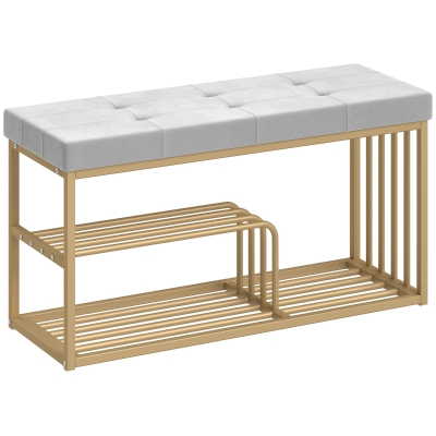 HOMCOM Bench and Shoe Storage, Tufted Shoe Storage Bench with Velvet Seat Cushion Gold Steel Frame for Entryway, Grey