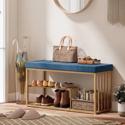 HOMCOM Bench and Shoe Storage, Tufted Shoe Storage Bench with Velvet Seat Cushion Gold Steel Frame for Entryway, Dark Blue