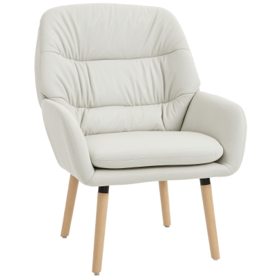 HOMCOM Sillón de Salón Moderno Acolchado de Doble Capa Tapizado en Cuero Sintético Patas de Madera 68x74x89 cm Crema