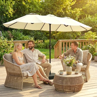 Outsunny Parasol Double 3x1,5m Beige avec Base et Housse