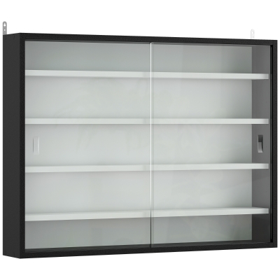 HOMCOM 5-Tier Wall Display Cabinet,  Wall Mounted Display Case w/ 4 Adjustable Shelves, Glass Doors, 60x80cm, Black and White