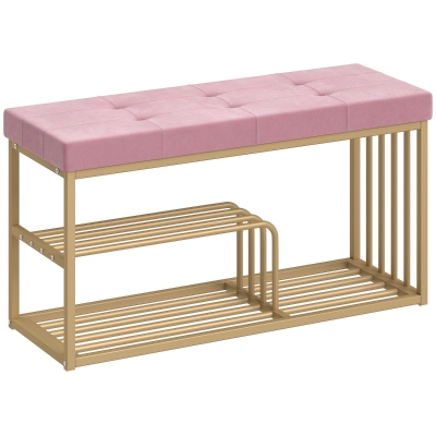 HOMCOM Bench and Shoe Storage, Tufted Shoe Storage Bench with Velvet Seat Cushion Gold Steel Frame for Entryway, Pink