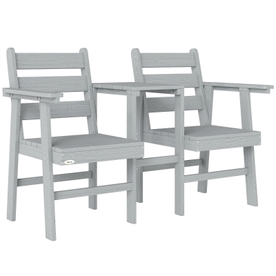 Outsunny Outdoor Garden Loveseat, Embossed Wooden Jack and Jill Garden Seat with Integrated Table, Grey