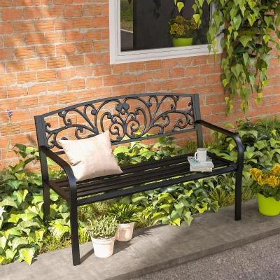 Outsunny Ławka Ogrodowa Metalowa z Wzornictwem Kwiatowym, 2-osobowa, Nośność 240 kg, Stal, 127D x 60S x 87W cm, Czarny