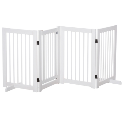 PawHut Barrera de Seguridad para Perros Plegable de Madera para Escaleras y Puertas con Soporte de Pie 204x36x75 cm Blanco