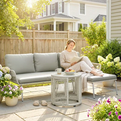 Outsunny Conjunto de muebles de jardín Polyrattan 3 piezas, set lounge con chaise longue sofá de dos plazas mesa de cristal cojines desmontables