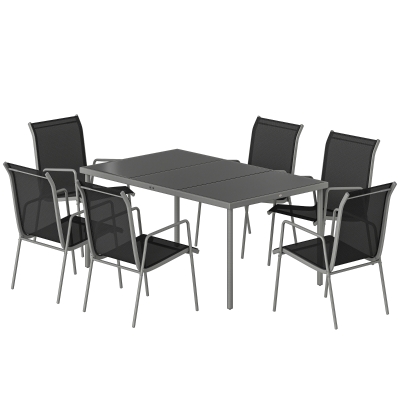 Outsunny Ensemble Table Verre Trempé + 6 Chaises Jardin Noir