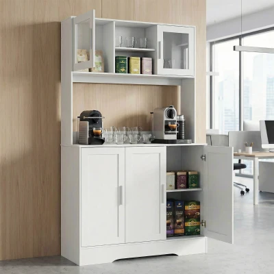 HOMCOM Szafka kuchenna, Design skandynawski, 4 szafki, Regulowane półki, Drzwi ze szkła, Otwarta przestrzeń, Płyta wiórowa, MDF, Biały