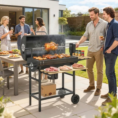 Outsunny Barbecue a carvão carrinho de cozedura com prateleiras dobráveis, termómetro, rodas, espeto giratório elétrico, preto