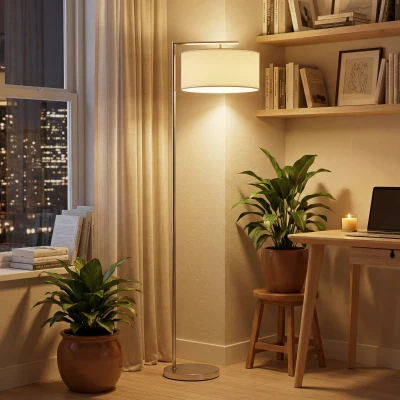 HOMCOM Floor Lamp, Modern Standing Lamp with Linen Lampshade, Round Base for Living Room, Bedroom, Dining Room, 153cm, Silver Tone