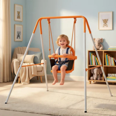 Outsunny Baloiço Infantil de Aço para Crianças dos 6 aos 36 Meses com Encosto Alto e Arnês de Segurança 122x146x122 cm Laranja