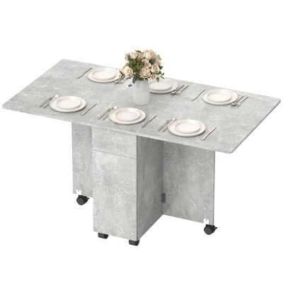 HOMCOM Table Pliante Rallonges Tiroirs 6 Roulettes Gris Ciment