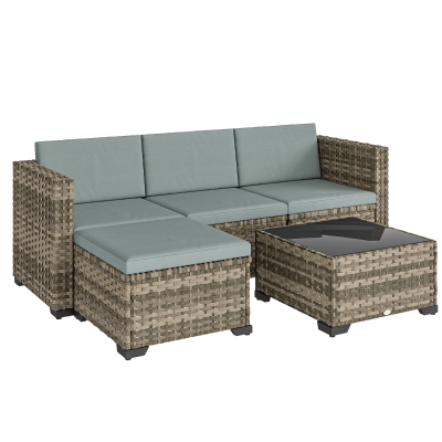 Outsunny 5-teiliges Rattan-Garten-Set mit Kissen, 2 Ecksessel, Sessel ohne Armlehnen, Fußhocker und Tisch