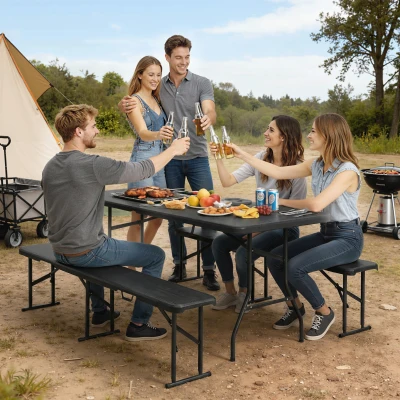 Outsunny Conjunto Mesa Dobrável e Bancos de Piquenique 180 cm com Alças de Transporte Preto