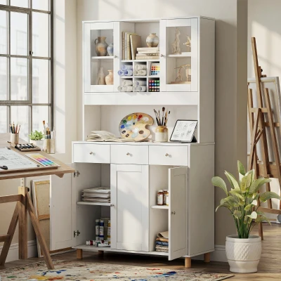 HOMCOM Biała szafka artystyczna 180cm – Witryna na dzieła i organizer do pracowni – Szkło, szuflada & regulowane półki – 100x40cm