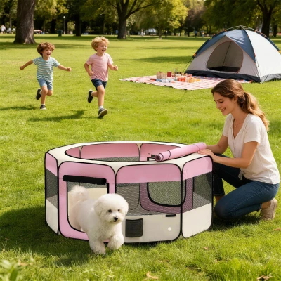 PawHut Parque Dobrável para Cães e Gatos Cercado Portátil para Animais Pequenos em Tecido Oxford Impermeável com 2 Portas Ø120x58 cm Rosa
