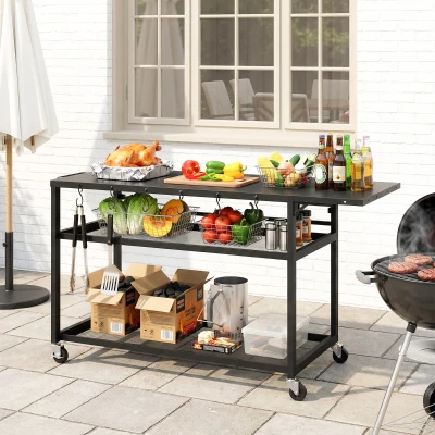 Outsunny Carrito Auxiliar para Barbacoa con Ruedas y Estantes, 133x48,5x82 cm, Negro