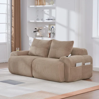 Modulares 2-Sitzer-Cordsofa, mit Getränkehalter und Seitentasche, 200 x 99 x 80 cm, Khaki