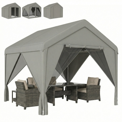 Outsunny Pavillon 3x3m Gris Acier Galvanisé avec Rideaux
