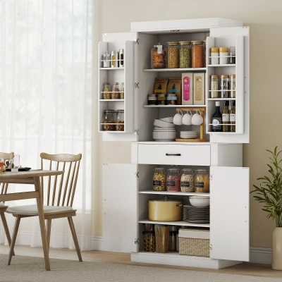 HOMCOM Dispensa Cucina con Armadietti, Ripiani e Cassetto Bianco