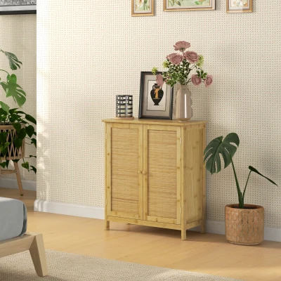 HOMCOM Bambus-Sideboard mit 2 Türen Boho-Wohnzimmer-Sideboard mit 2 Einlegeböden für Küche Flur 60x27x67,5 cm Natur