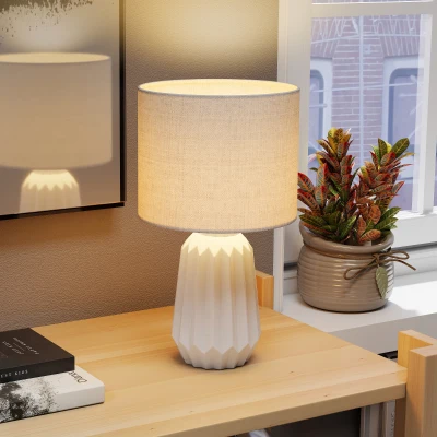 HOMCOM Tischlampe, Tischleuchte, Nachttischlampe mit Leinenschirm, Wippschalter, Schreibtischlampe, 22 x 22 x 39 cm, Weiß