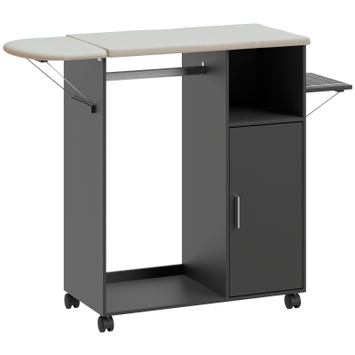 HOMCOM Móvel com Tábua de Passar com Superfície Efeito Linho, 3 Prateleiras em Cubo e Guia, 127x42.5x99 cm, Preto