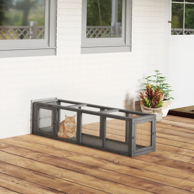 PawHut Wooden Cat Tunnel Extendable Enclosure Grey