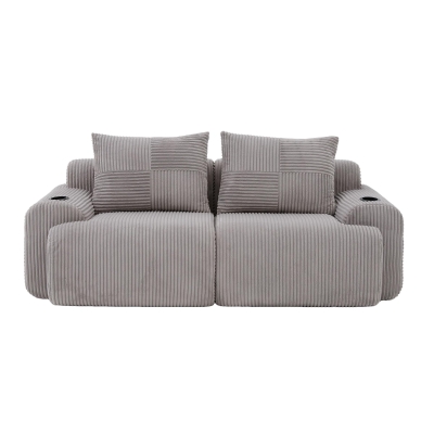 Modulares 2-Sitzer-Cordsofa, mit Getränkehalter und Seitentasche, 200 x 99 x 80 cm, Hellgrau