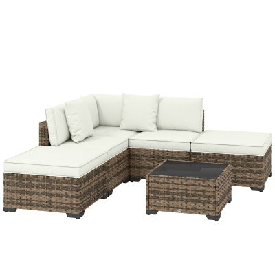 Outsunny Eck-Gartenlounge 5 Plätze aus geflochtenem PE-Rattan, Sofas, Fußhocker, Couchtisch und Kissen, Creme