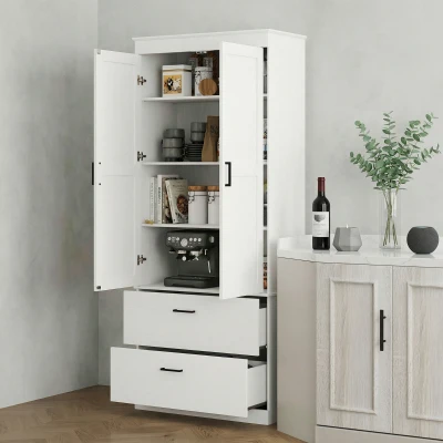 Szafka kuchenna, wysoka, regulowane półki, 2 szuflady, kremowa