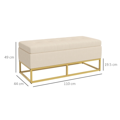 HOMCOM Storage Bench with Upholstered Seat, Decorative Button Tufting, Flannel Look, Gold-tone Steel Legs, 110 x 47 x 46.5 cm