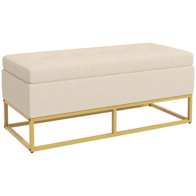 HOMCOM Storage Bench with Upholstered Seat, Decorative Button Tufting, Flannel Look, Gold-tone Steel Legs, 110 x 47 x 46.5 cm